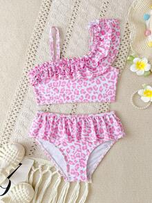 女童比基尼套装，蓝白条纹可爱荷叶边不对称肩带可调节荷叶边三角泳衣两件套 - 粉色 - 查看 3