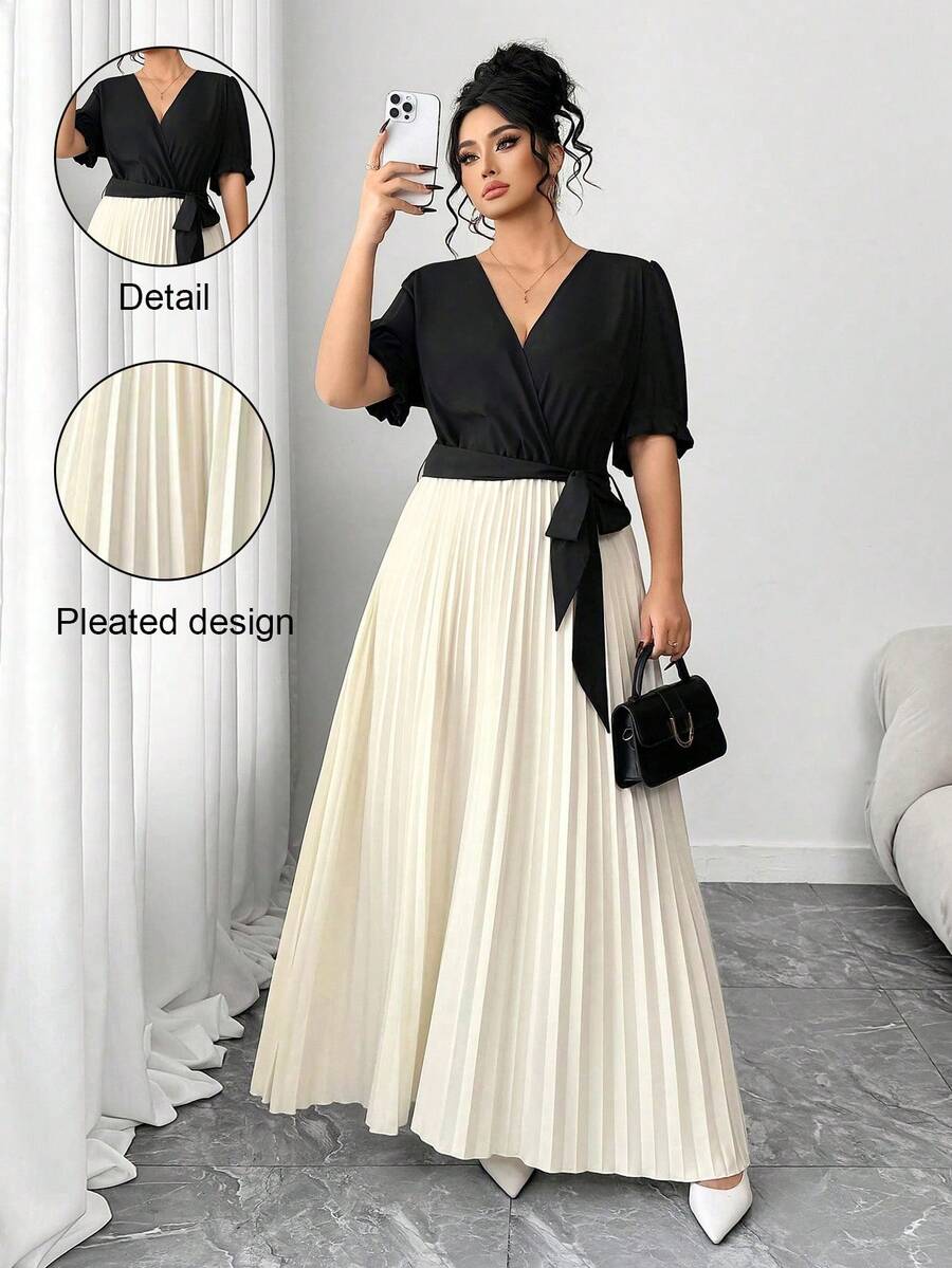 Elenzga Plus Size V-Neck Bow Tie Waist Colorblock Pleated Maxi Skirt Set Plus Elegant Dress Pleated Skirt Set Long Skirt 2 Piece Maxi Dress Elegant Pleated Dresses For Women - Black and White - View 1