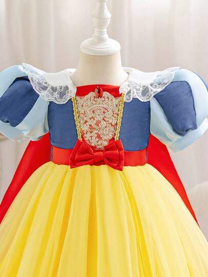 SHEIN Glamorique Kids Girls Princess Dress, Birthday Party, Wedding, Holiday Ball Gown, Tulle Princess Dress, Bow Front, Red Cape, All Season, Lace Trim, Puff Sleeve, Cute & Charming, Middle East, European & American