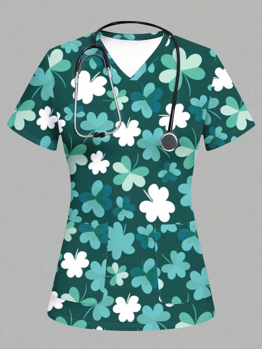 PopScrub 女士V领短袖三叶草印花工作服上衣 - 彩色 - 查看 1