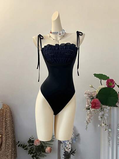 SuriyaCove Body de mujer de estilo casual de verano con unicolor, contraste de encaje y atar en los hombros