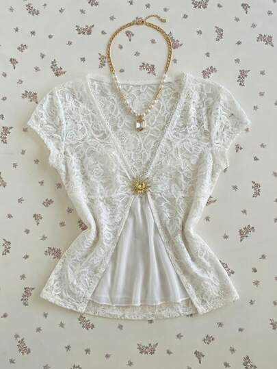 Elamini V-Neck Lace Metallic Buckle Short Sleeve T-Shirt For Women, Suitable For Spring/Summer Vacation Lacey Top See Through Top White Lace Top Sexy Tops For Women Summer See Through Tops Blouse Summer Boho Top