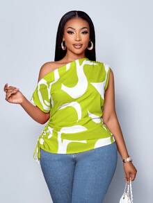 SOLERSUN Women's Plus Size Geometric Printed Asymmetrical Shoulder Drawstring Ruched Side Blouse, Random Print,One Shoulder Top - Olive Green - View 6
