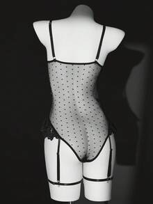 SHEIN 蕾丝拼接波点网纱连体衣（无钢圈） - 黑色 - 查看 2