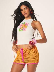 MISSGUIDED Bright Orange Crochet Mesh Mini Skirt With Hot Pink Trim Tie Detail Summer Beach Cover Up - Yellow - View 1