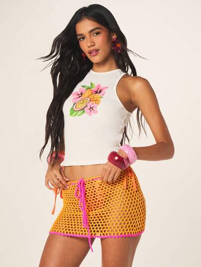 MISSGUIDED Bright Orange Crochet Mesh Mini Skirt With Hot Pink Trim Tie Detail Summer Beach Cover Up