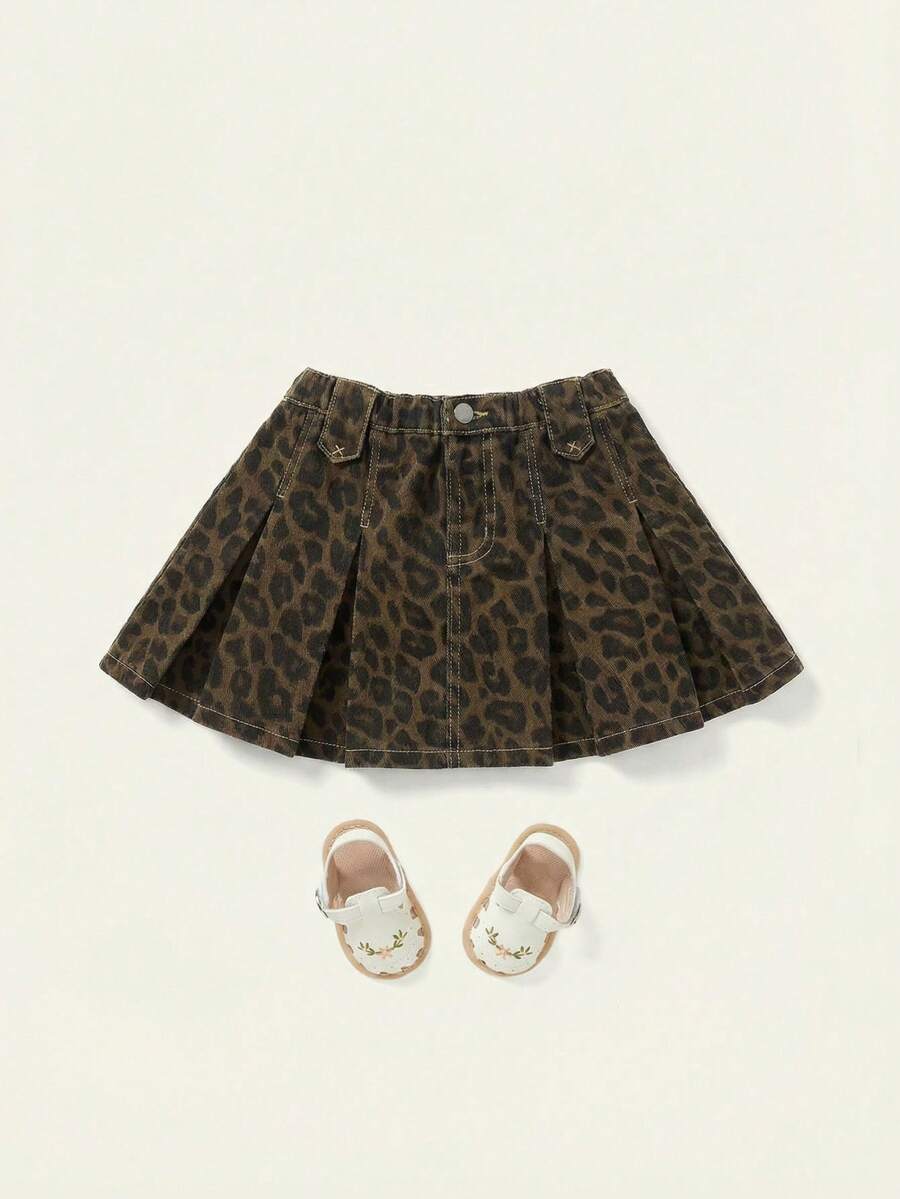 SHEIN 少女豹纹褶裥休闲牛仔裙 - 彩色 - 查看 1