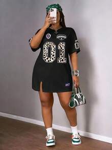 Slaydiva Casual Minimalist Round Neck 01 Number & Letter Badge Racing Suit F1 Print Fashion Street Style Plus Size Dress - Multicolor - View 1