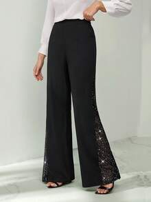 SHEIN Tall Ladies Elegant Mesh & Glitter Splice Black Slim Straight Leg Pants, Fit For Commuting, Casual And Daily Wear, Spring/Summer - Black - View 9