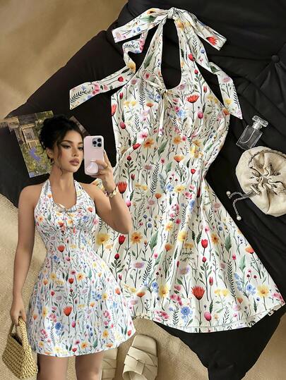 Airaco Vestido sexy con escote en V, cuello halter y espalda descubierta con estampado floral