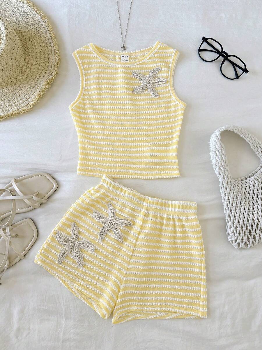 SHEIN Bộ đồ 2 mảnh cho bé gái tuổi teen, kiểu dáng thường ngày, thoải mái, cổ tròn, không tay, họa tiết sao biển và sọc, gồm áo tank top và quần short. - Màu vàng - Xem 1