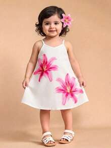 SHEIN 新生女宝宝休闲碎花宽松连衣裙 - 杏色 - 查看 2