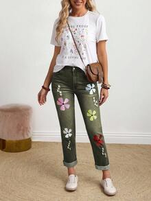 EMERY ROSE Plus Size Women's Fashionable Embroidered Pocket Denim Jeans - Green - View 7