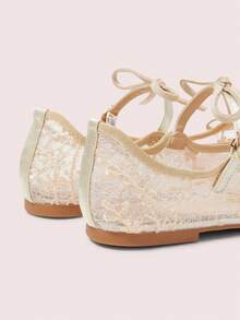 CUCCOO DOLLMOD 女士杏色网纱花朵刺绣时尚双蝴蝶结可爱优雅玛丽珍平底鞋 - 杏色 - 查看 9