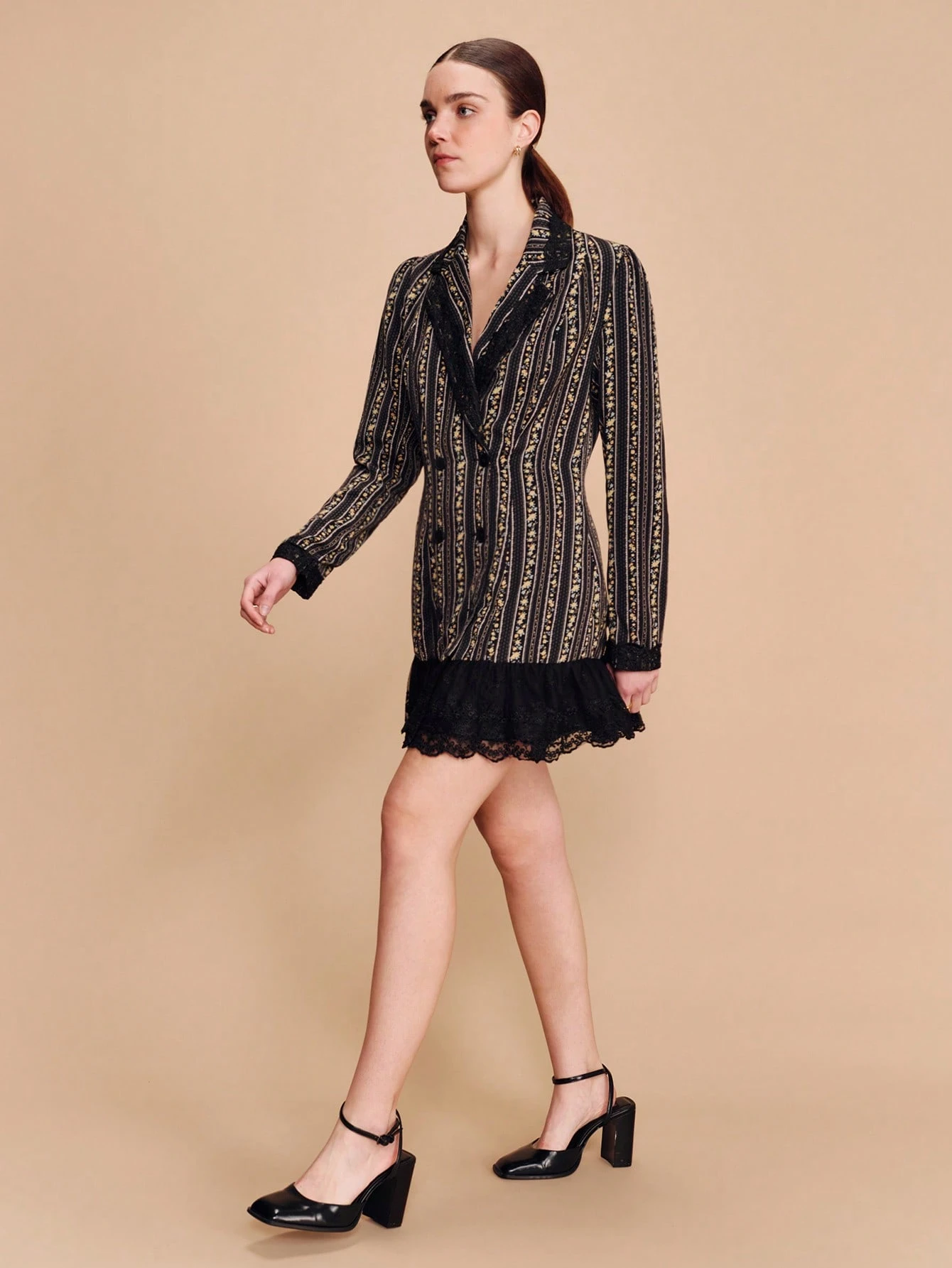 Black Fitted Blazer Style Mini Dress With Tailored Waist Long Sleeves And Lace Hem Detail In Floral Striped Fabric Chic Feminine Dress French Style Parisian Style Business Casual Dress