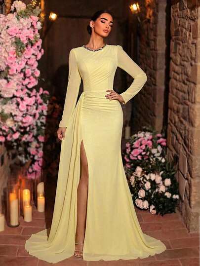 Aureia Elegant Sheer Chiffon Round Neck Dress With Luxurious Rhinestone Collar Decor, Long Sleeve Slimming Ruched Fishtail Hem, Suitable For Dates, Vacations, Singles Parties, Business Gatherings, Formal Occasions, Galas