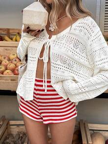 Selianne 时尚春夏系带镂空长袖针织开衫（女款） - 杏色 - 查看 3