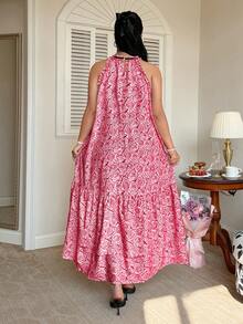 Celure Plus Size French Rose Print Pink Floral Dress,Sleeveless Irregular Ruffle Hem Flared Skirt,Cute Summer Holiday Beach Vacation,Date Party - Pink - View 2
