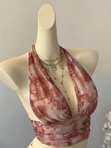 SuriyaCove Conjunto de 2 piezas con top halter sin espalda con estampado total y falda plisada para mujer - Albaricoque - Ver 5