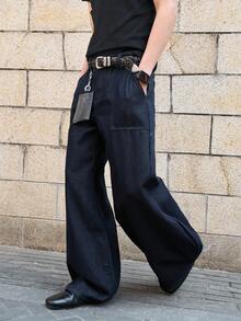 Manfinity EMRG Men's Casual Fashion Street  Solid Color Slant Pocket Flared Jeans, Belt Not Included - Dark Wash - View 5