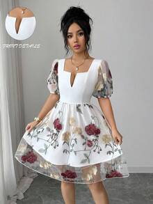SHEIN Elenzya Đầm ngắn tay màu trắng phối lưới hoa hồng thanh lịch dành cho nữ, kiểu dáng thường ngày, thích hợp cho kỳ nghỉ, đi chơi, hẹn hò, dự tiệc, dã ngoại. - trắng - Xem 1