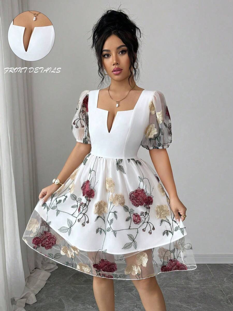 SHEIN Elenzya Đầm ngắn tay màu trắng phối lưới hoa hồng thanh lịch dành cho nữ, kiểu dáng thường ngày, thích hợp cho kỳ nghỉ, đi chơi, hẹn hò, dự tiệc, dã ngoại. - trắng - Xem 1
