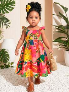 SHEIN 女婴编织花卉荷叶边方领休闲连衣裙 - 彩色 - 查看 7