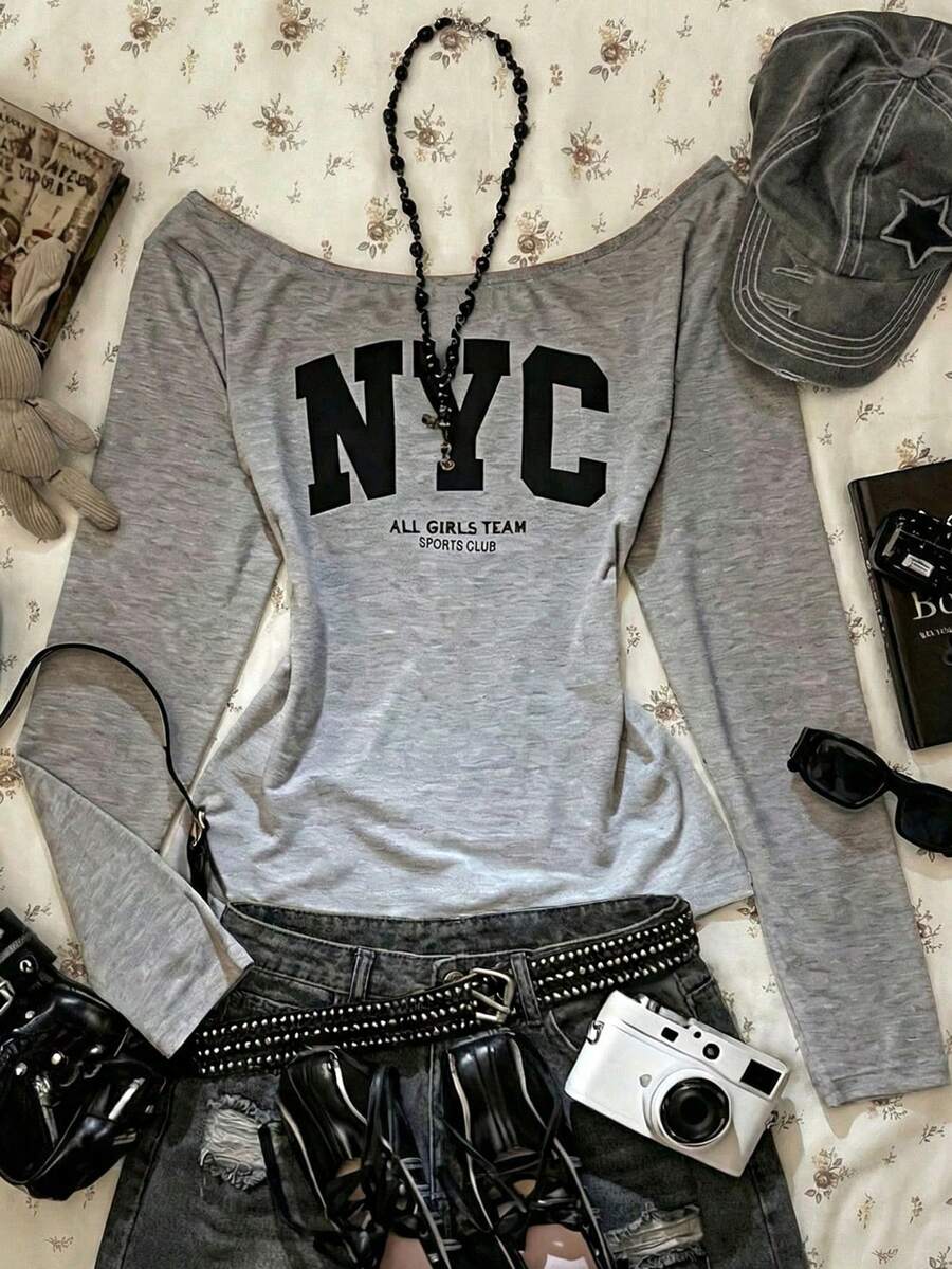 少女露肩灰色印花长袖修身上衣，休闲学院风 - 灰色 - 查看 1