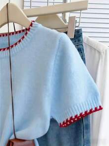 Franclia French Retro Round Neck Short Sleeve Light Blue Knit Top For Women,Elegant Colorblock Casual Autumn Brunch Baby Blue Loose Knitted Sweater Blouse - Baby Blue - View 3