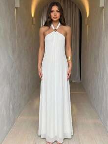 Aloruh 女士夏季度假纯色露背吊带连衣裙 - 白色 - 查看 4