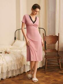 Women's Contrast Lace Twist Design Short Sleeve Elegant Nightgown - Dusty Pink - View 6