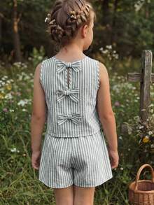 SHEIN 少女休闲日常蓝色条纹蝴蝶结露背背心和短裤两件套 - 橄欖綠 - 查看 8