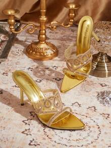 CUCCOO TILAWA Elegant Pointed Women's High Heels - A Delicate Rhinestone Design With A Slip-On Design, Perfect For Parties And Formal Events, Stilettos - Gold - View 1