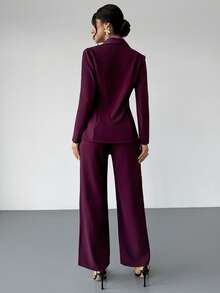 RiviMae Conjunto de traje elegante con chaqueta de solapa y pantalones de un solo abotonado de unicolor para mujer - Burdeos - Ver 2