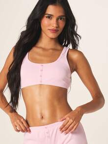 MISSGUIDED Ribbed Bralette And Boxer Short Lingerie Set With Button Front Closure Scoop Neck Sleeveless Intimate Lounge - Dusty Pink - View 4