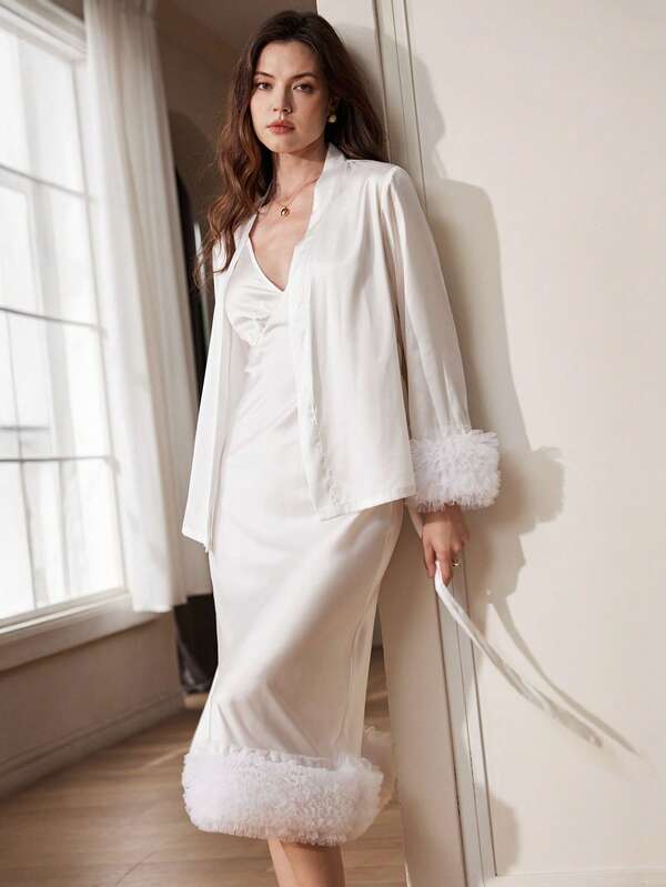 French Elegant Palace Style Sexy Multi-Layer Mesh Skirt Nightgown And Matching Short Mesh Sleeve Robe Top 2 Pieces Sleepwear Set For Women