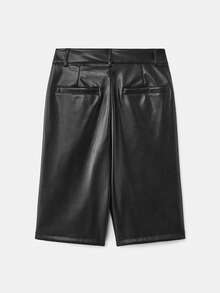 lacRébo Shorts bermudas de cintura alta de piel sintética negra con pliegues a medida y ajuste relajado, estilo moderno y elegante para primavera y verano, estilo francés y parisino - Negro - Ver 8