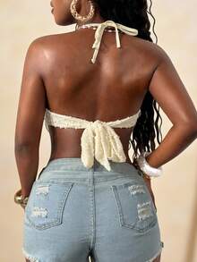 Glyssa Top de bikini sexy para vacaciones en la playa de mujer, camisa corta de punto halter sin espalda color albaricoque - Albaricoque - Ver 2