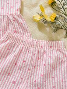 SHEIN 2件套女婴幼儿/新生儿0-3岁休闲日常可爱度假条纹蝴蝶结装饰吊带背心+短裤套装，春夏款 - 粉色 - 查看 10