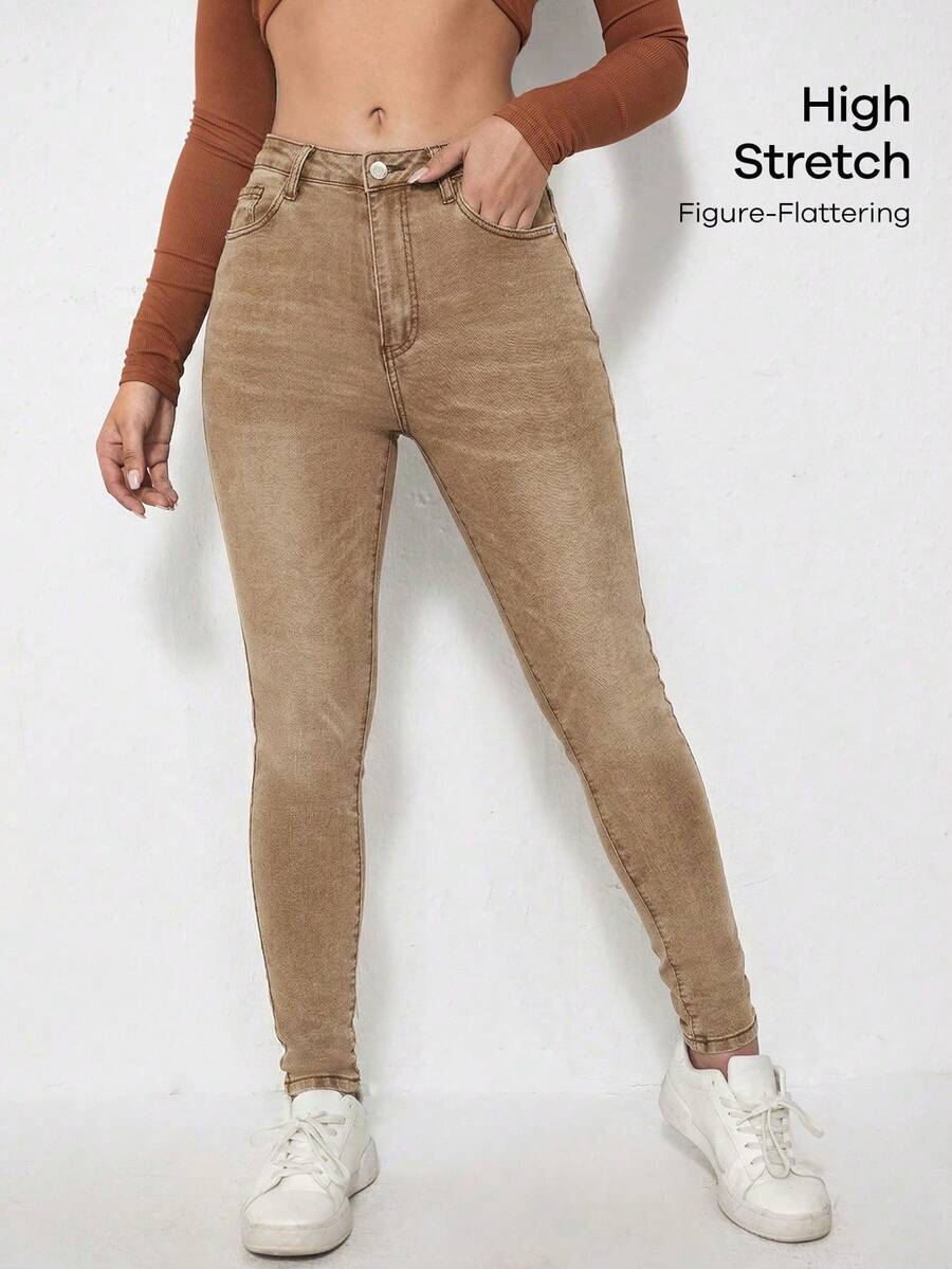 SHEIN ICON 女士高弹力口袋修身牛仔裤 - 棕色 - 查看 1