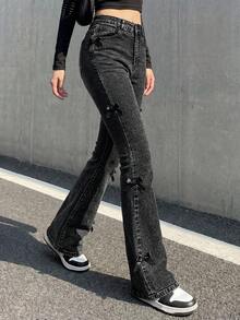 SHEIN Teen GirlFashion Personalized All-Season Versatile Black Applique 3D Embroidered Distressed Flared Jeans - Dark Grey - View 1