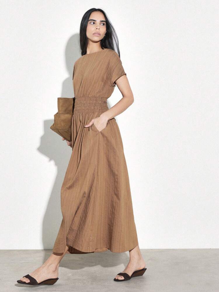 KSTM Shirred Waist Long Dress With Short Sleeves And Boat Neckline Casual Maxi Dress With Smocked Elastic Waistband And Side Pockets