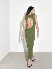 KSTM 女士橄榄绿无袖露背修身长款毛衣连衣裙，秋冬晚装 - 綠色 - 查看 8