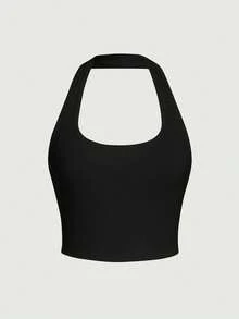 INAWLY Women's Casual Solid Color Halter Neck Top, Summer - Black - View 3