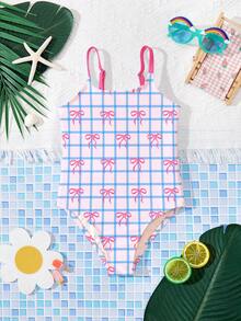 SHEIN Áo tắm liền thân màu xanh dương và hồng, họa tiết nơ và kẻ caro, dành cho bé gái, thích hợp cho mùa hè ở bãi biển, hồ bơi và kỳ nghỉ ven biển. - Nhiều màu - Xem 3