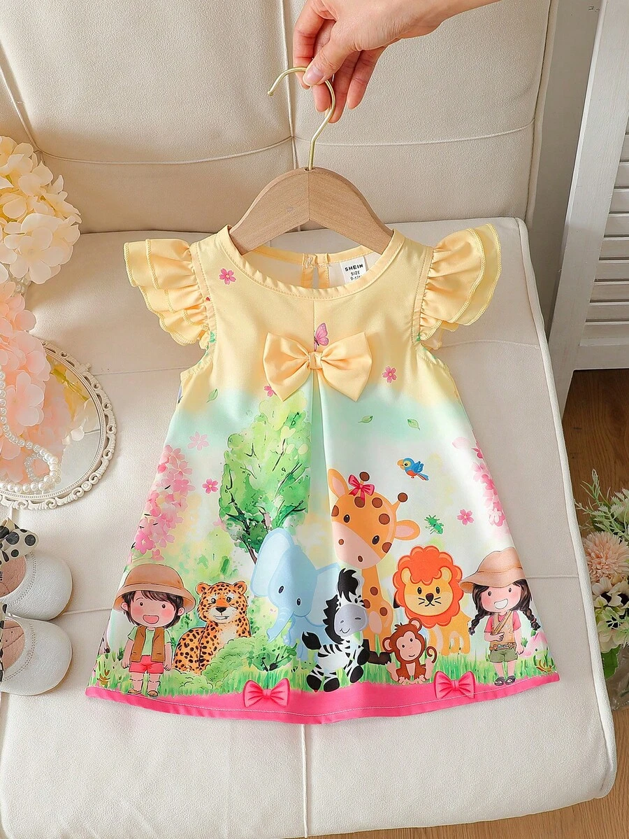 SHEIN Baby GirlCute Bee & Floral Print Double Ruffle Sleeve A-Line Dress, Summer - Yellow - View 1