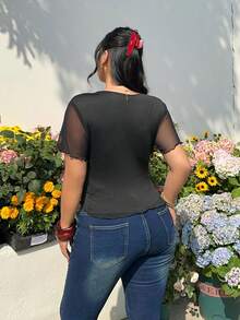 GalTyme Camiseta casual negra de talla grande para mujer con encaje y lazo de contraste - Negro - Ver 2