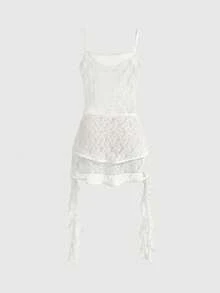 Rina Fox Vestido mini sexy de mujer con tirantes de encaje y diseño de cinta - Blanco - Ver 2
