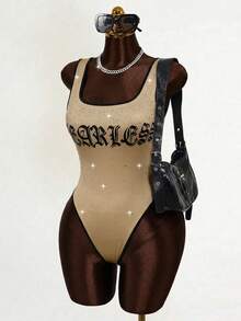 Swim SXY Women's Casual Fashionable Street Letter Print Rhinestone Ringer Tank Bodysuit, Summer - Khaki - View 3