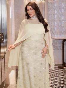 Modelyn 大码女士优雅刺绣长款两件套，珍珠装饰吊带连衣裙搭配衬衫，适合春秋季日常穿着和聚会场合。 - 杏色 - 查看 4